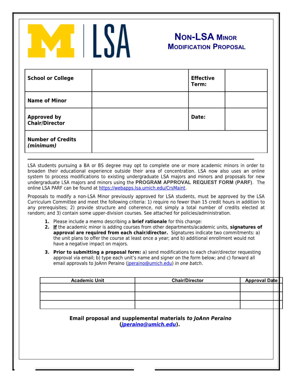 Proposals to Modify a Non-LSA Minor Previously Approved for LSA Students, Must Be Approved