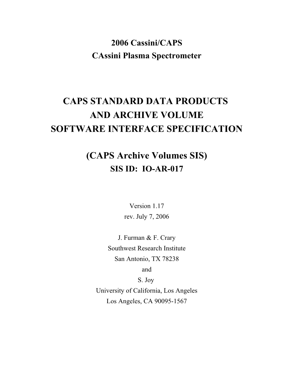 CAPS Standard Data Products and Archive Volume Software Interface Specification