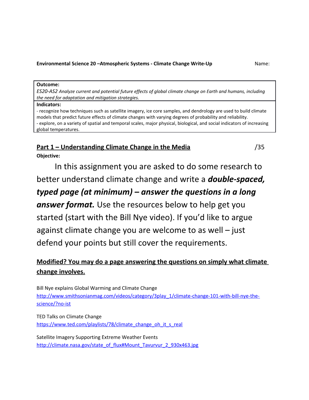 Environmental Science 20 Atmospheric Systems - Climate Change Write-Up Name