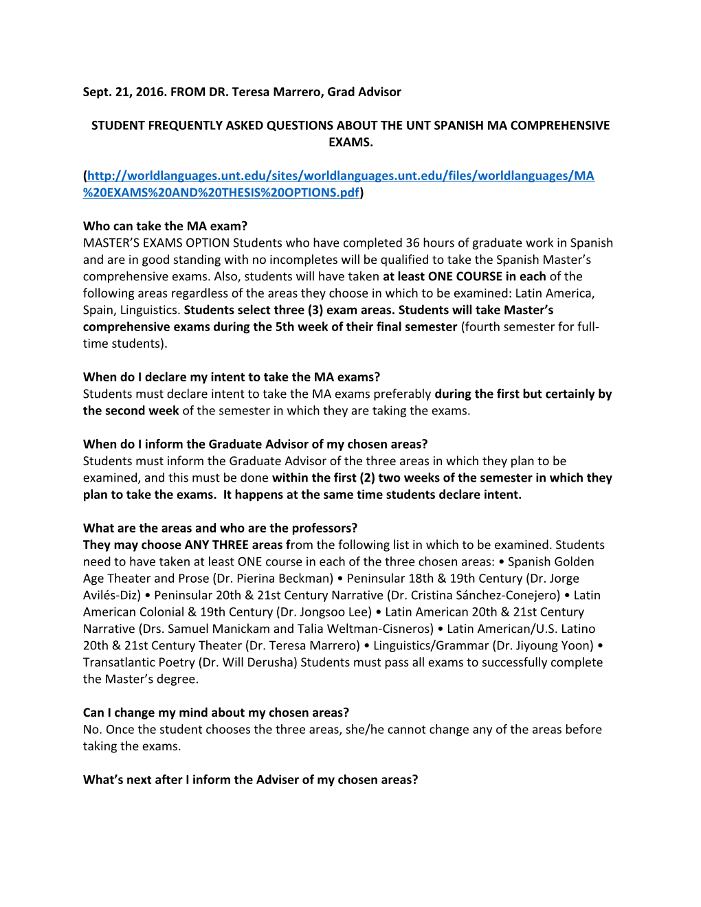 Student Frequently Asked Questions About the Unt Spanish Ma Comprehensive Exams