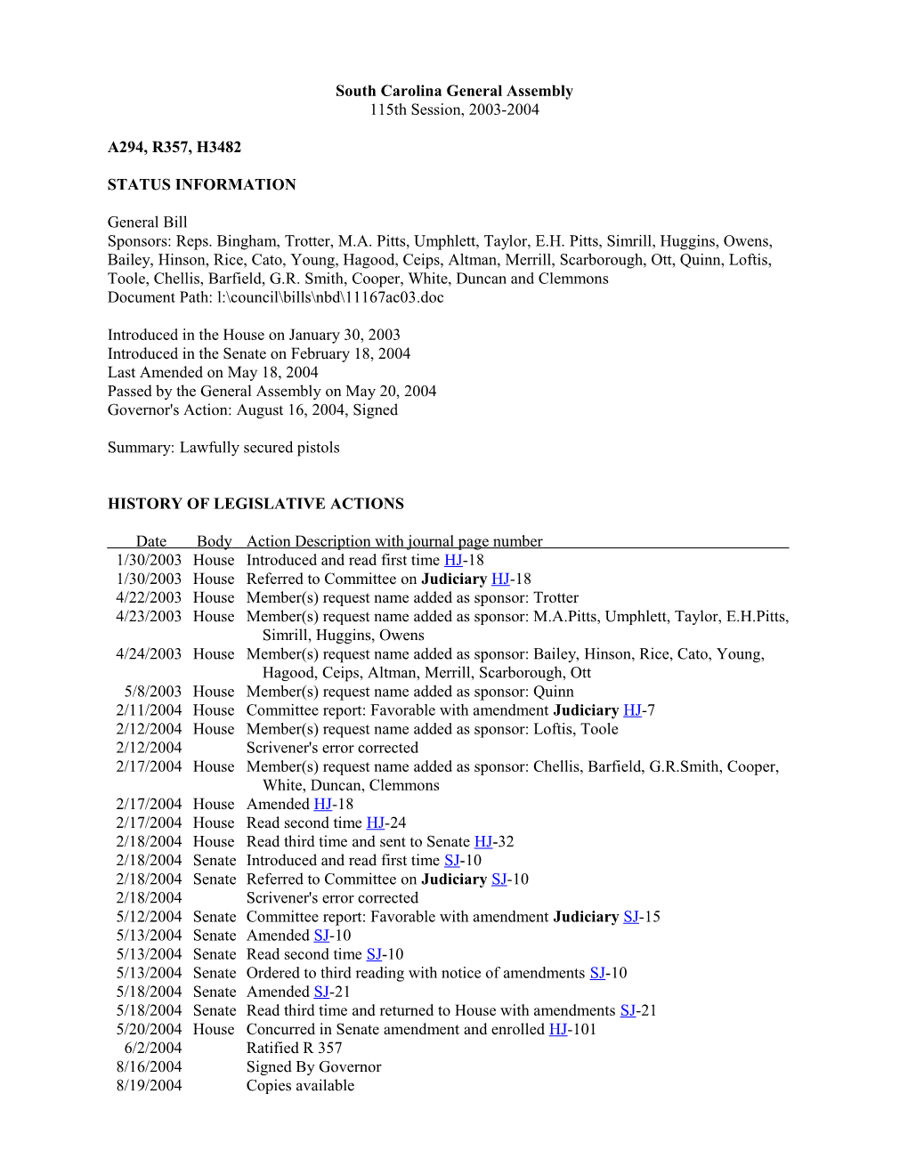 2003-2004 Bill 3482: Lawfully Secured Pistols - South Carolina Legislature Online