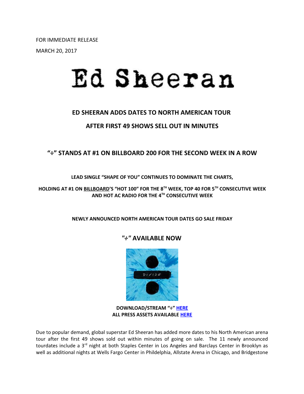 Ed Sheeran Addsdates to North American Tour