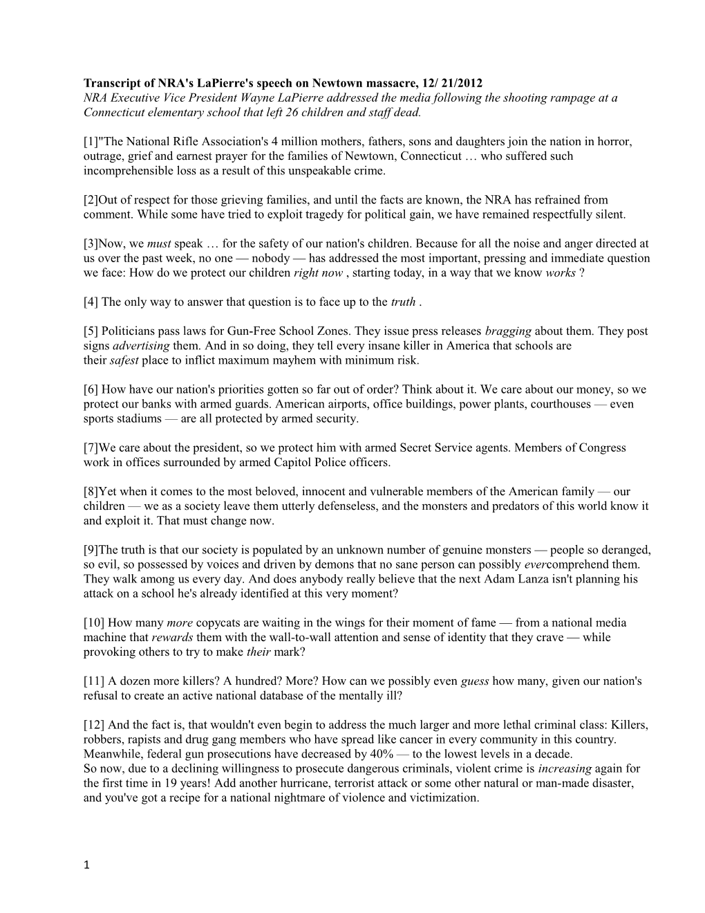 Transcript of NRA's Lapierre's Speech on Newtown Massacre, 12/ 21/2012
