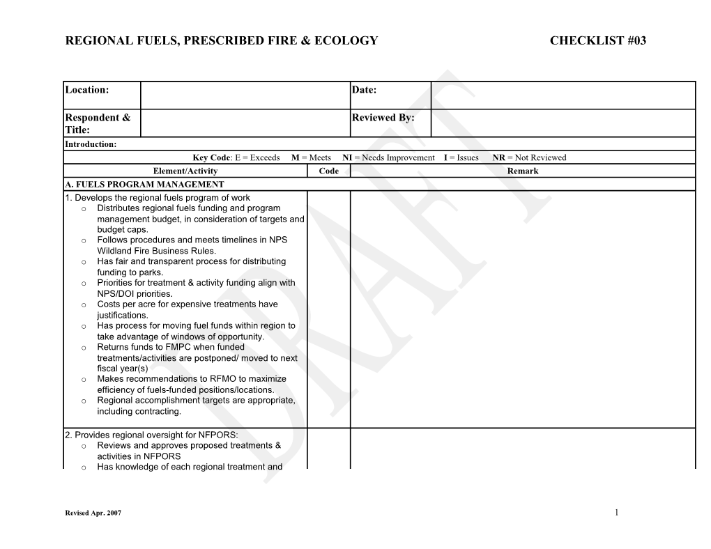 Regional Fuels, Prescribed Fire & Ecology Checklist #03