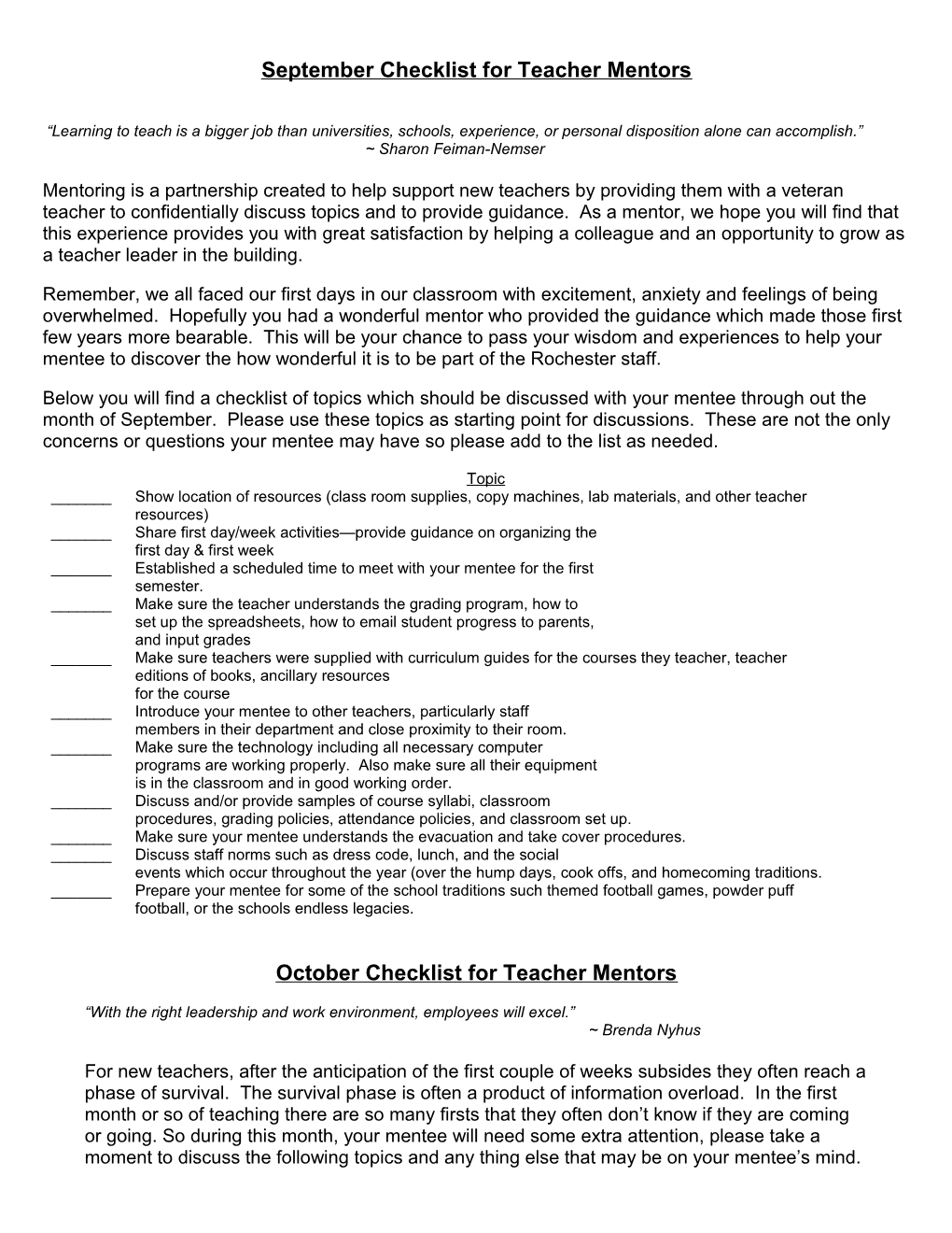 September Checklist for Teacher Mentors