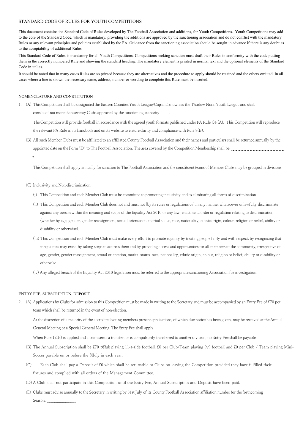 Standard Code of Rules for Youth Competitions