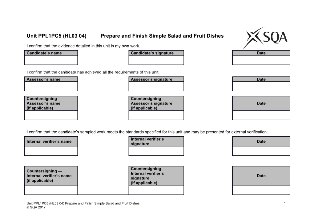 Unit PPL1PC5 (HL03 04)Prepare and Finish Simple Salad and Fruit Dishes