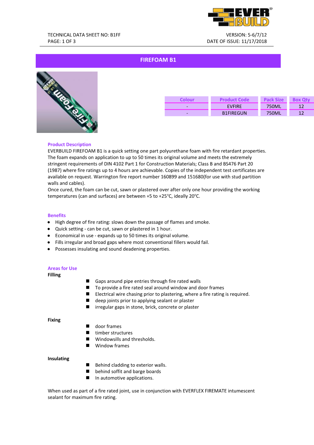 Technical Data Sheet No: B1ffversion: 5-6/7/12