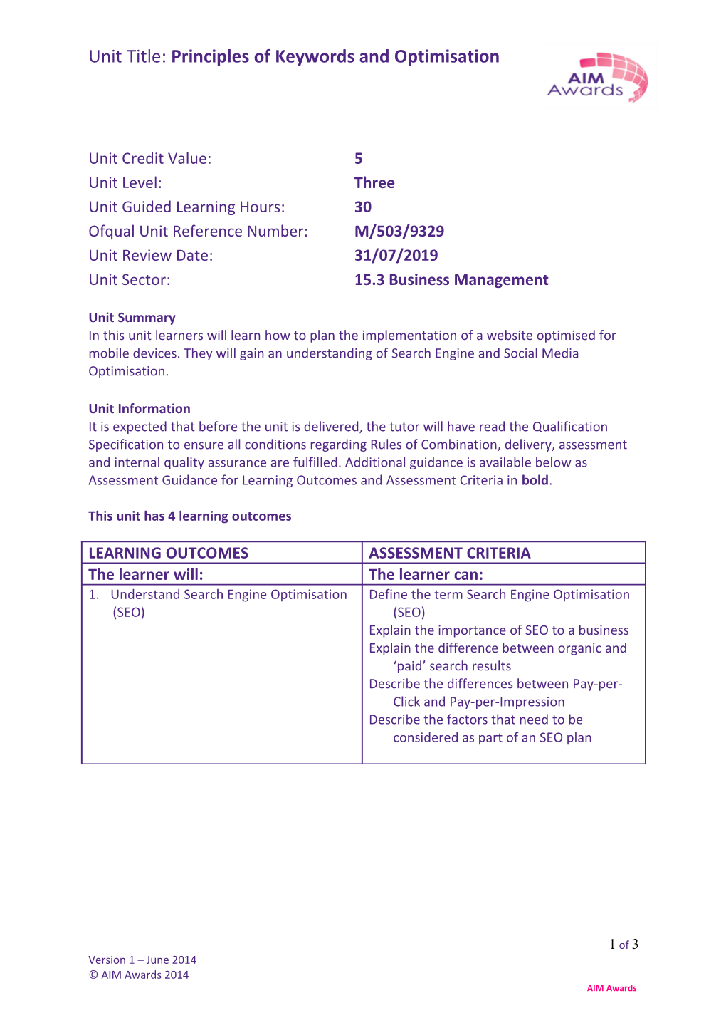 Unit Title: Principles of Keywords and Optimisation