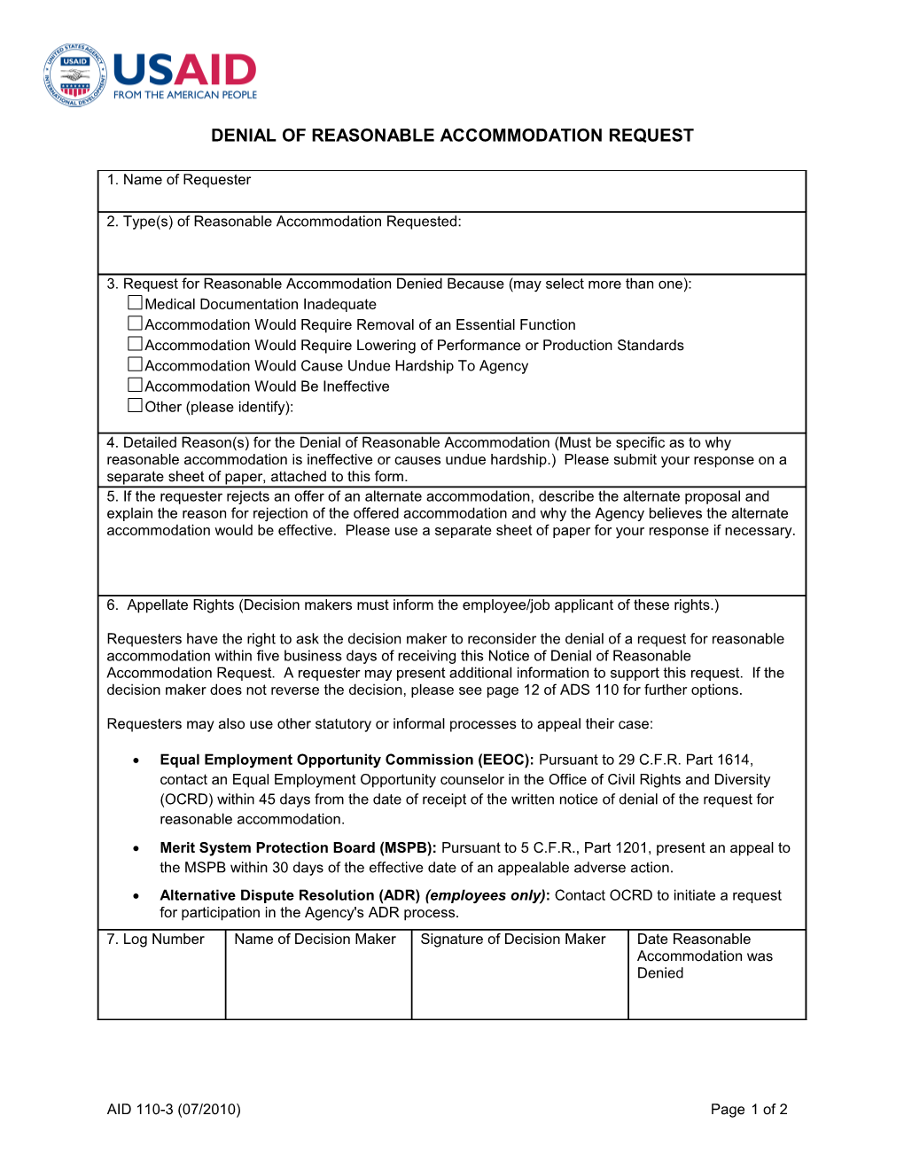 Confirmation of Request for Reasonable Accommodation