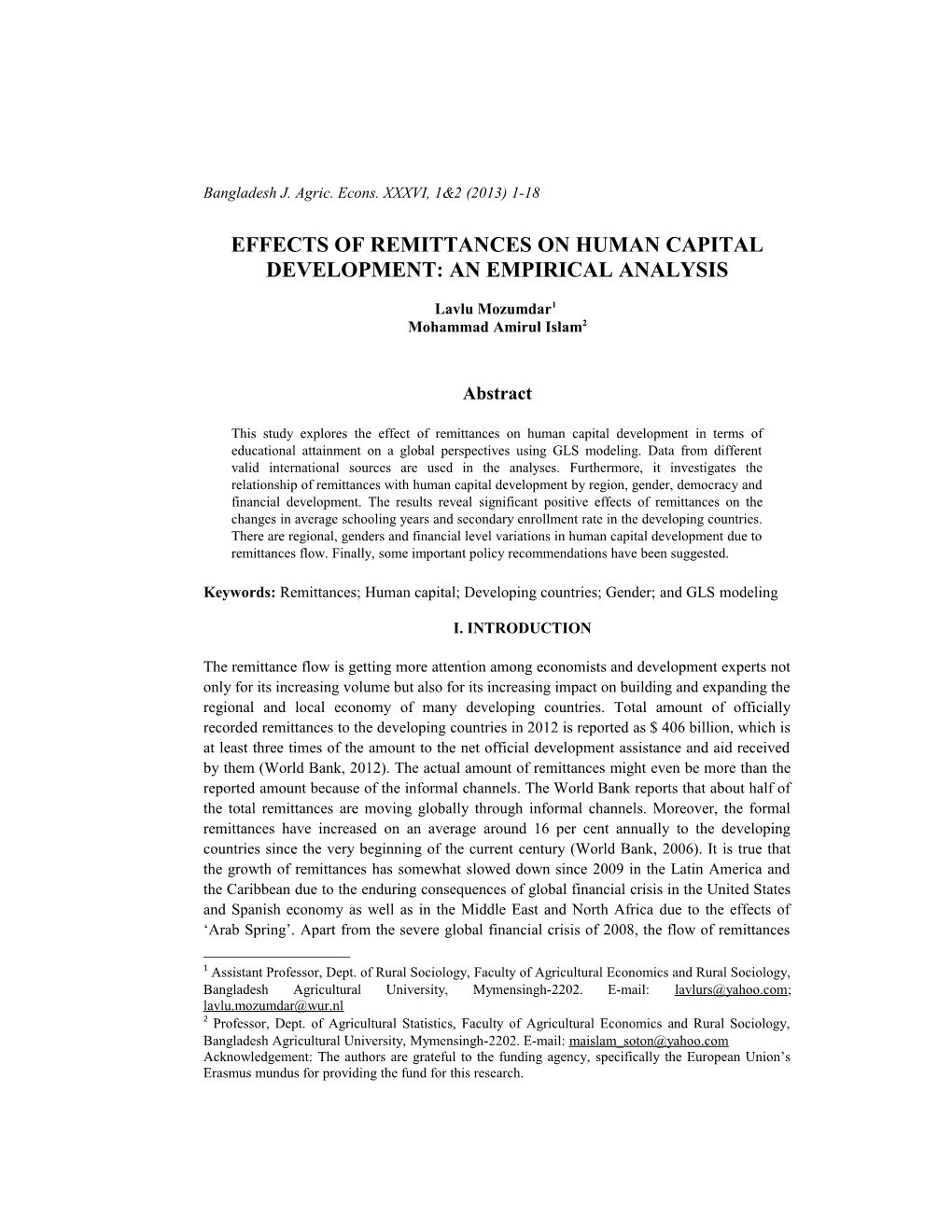 Title: Remittances and Human Capital Development: an Empirical Analysis