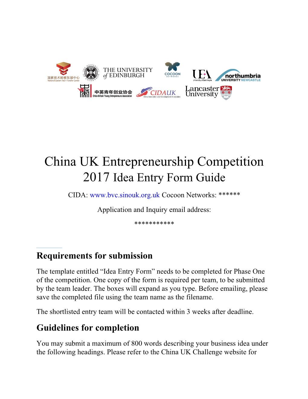China UK Entrepreneurship Competition 2017Idea Entry Form Guide