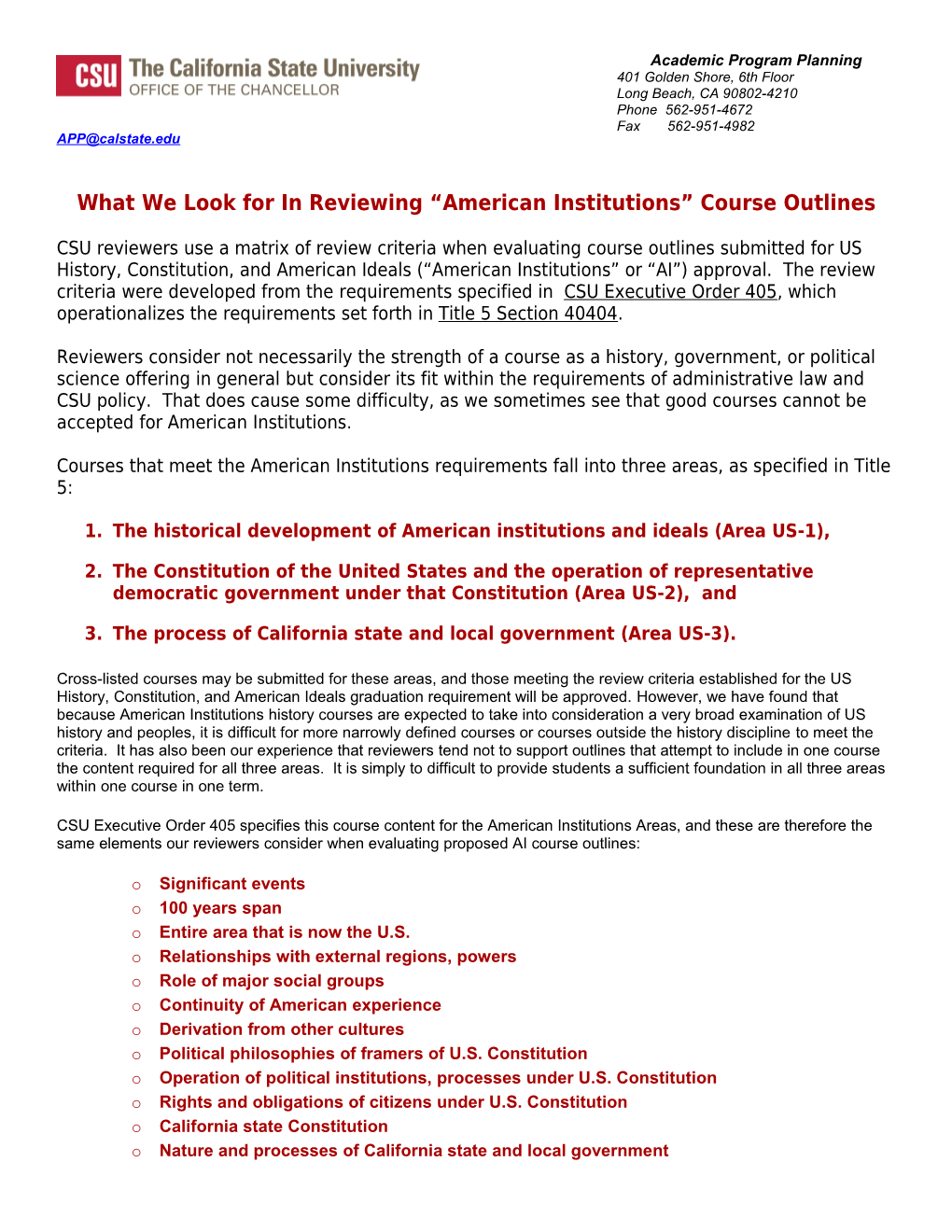 What We Look for in Reviewing American Institutions Course Outlines