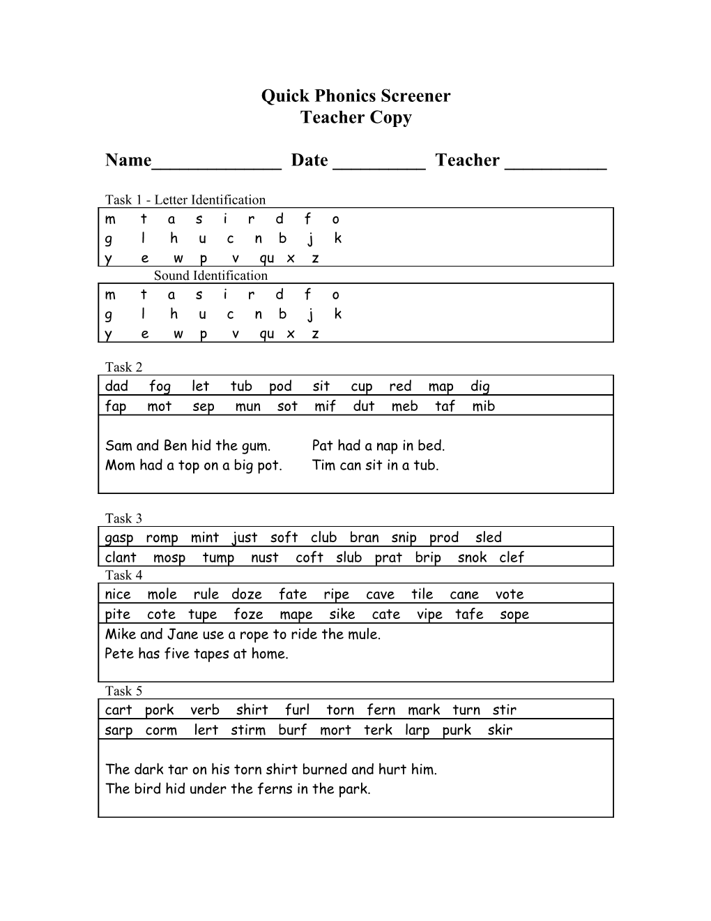 Quick Phonics Screener