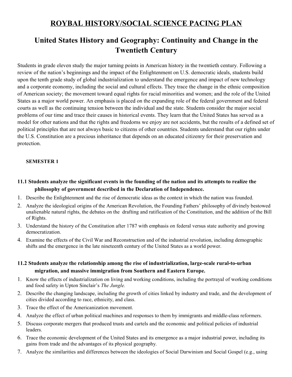 Roybal History/Social Science Pacing Plan