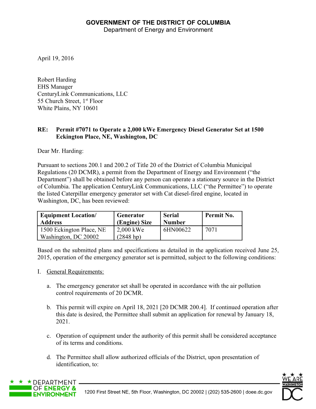 Permit #7071To Operate a 2,000 Kwe Emergency Generator at 1500 Eckington Place NE