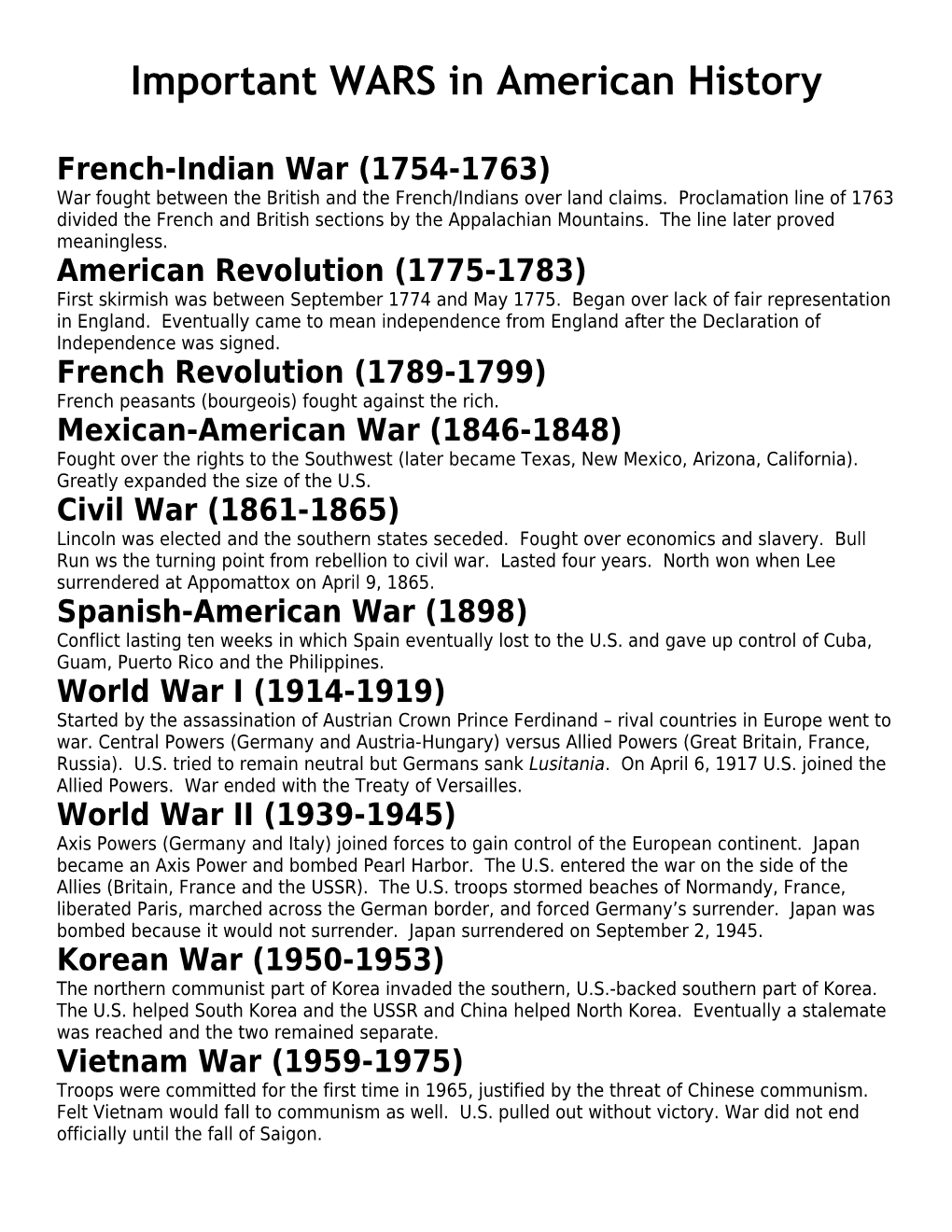 Important WARS in American History