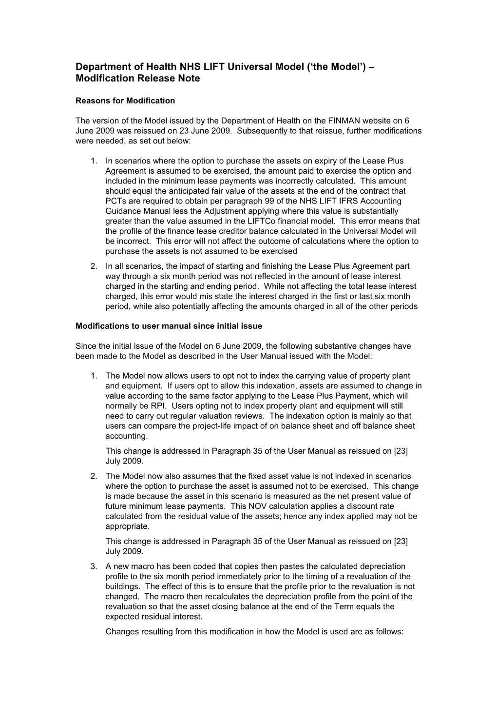 Department of Health NHS LIFT Universal Model ( the Model ) Modification Release Note