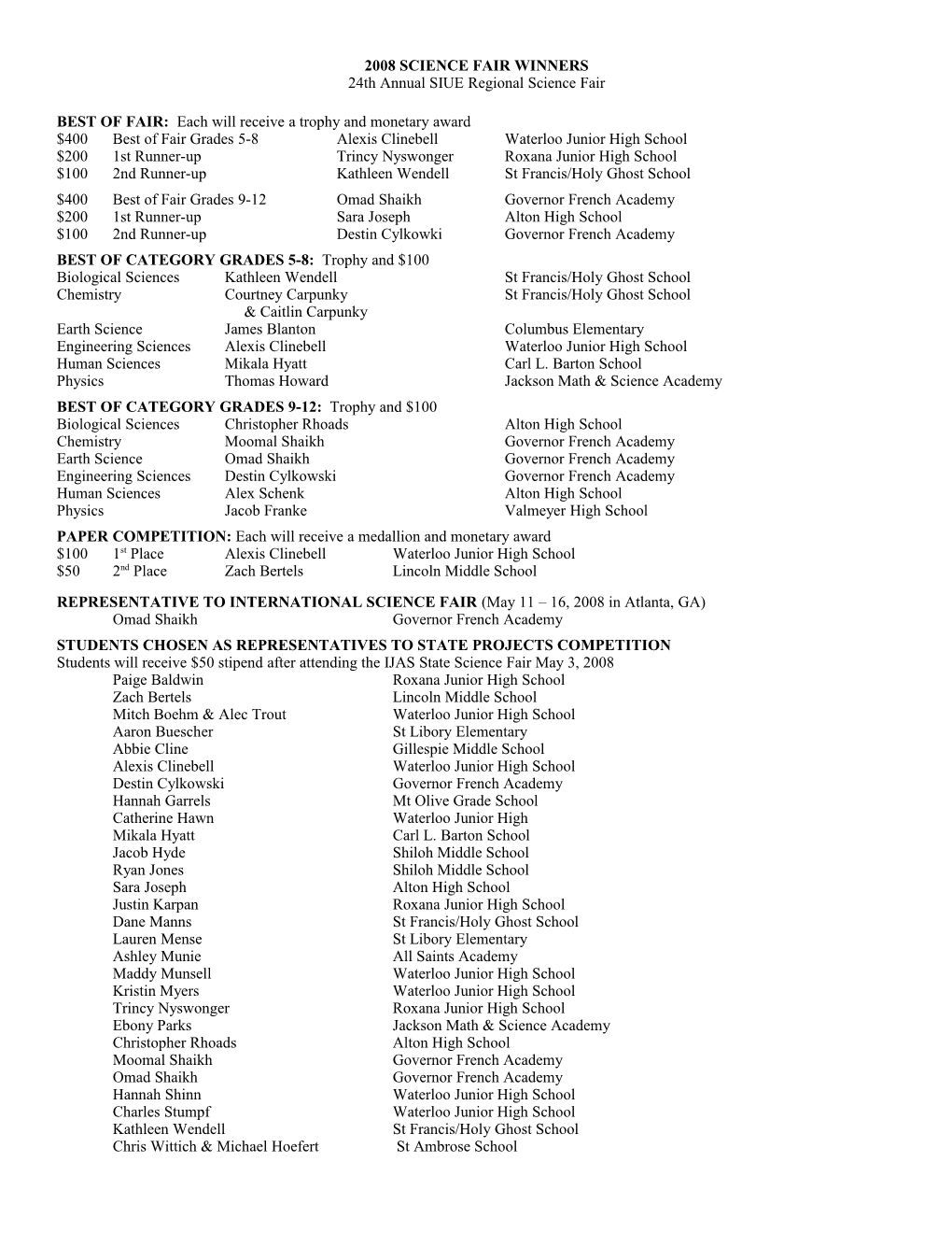 1996 Science Fair Winners