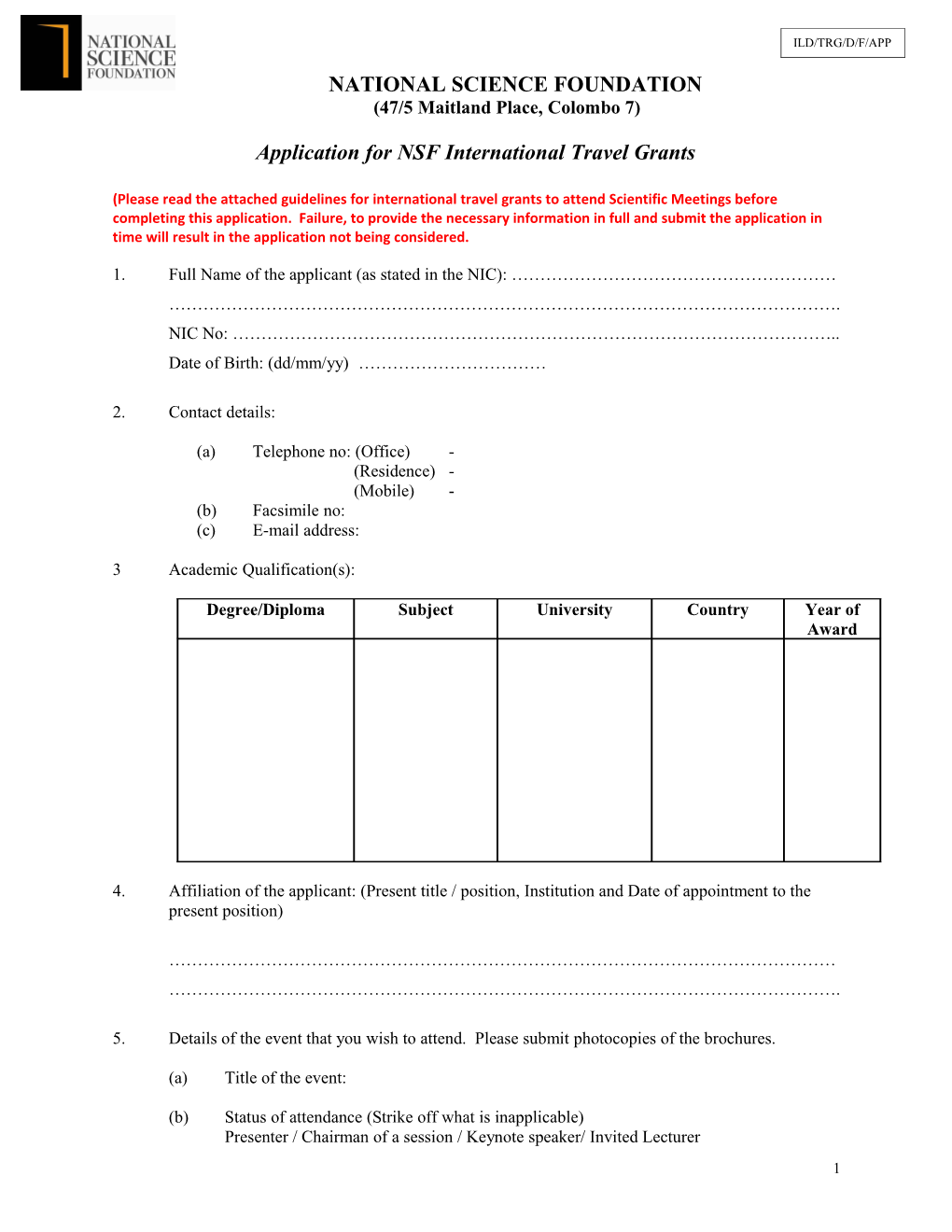 Application for NSF International Travel Grants