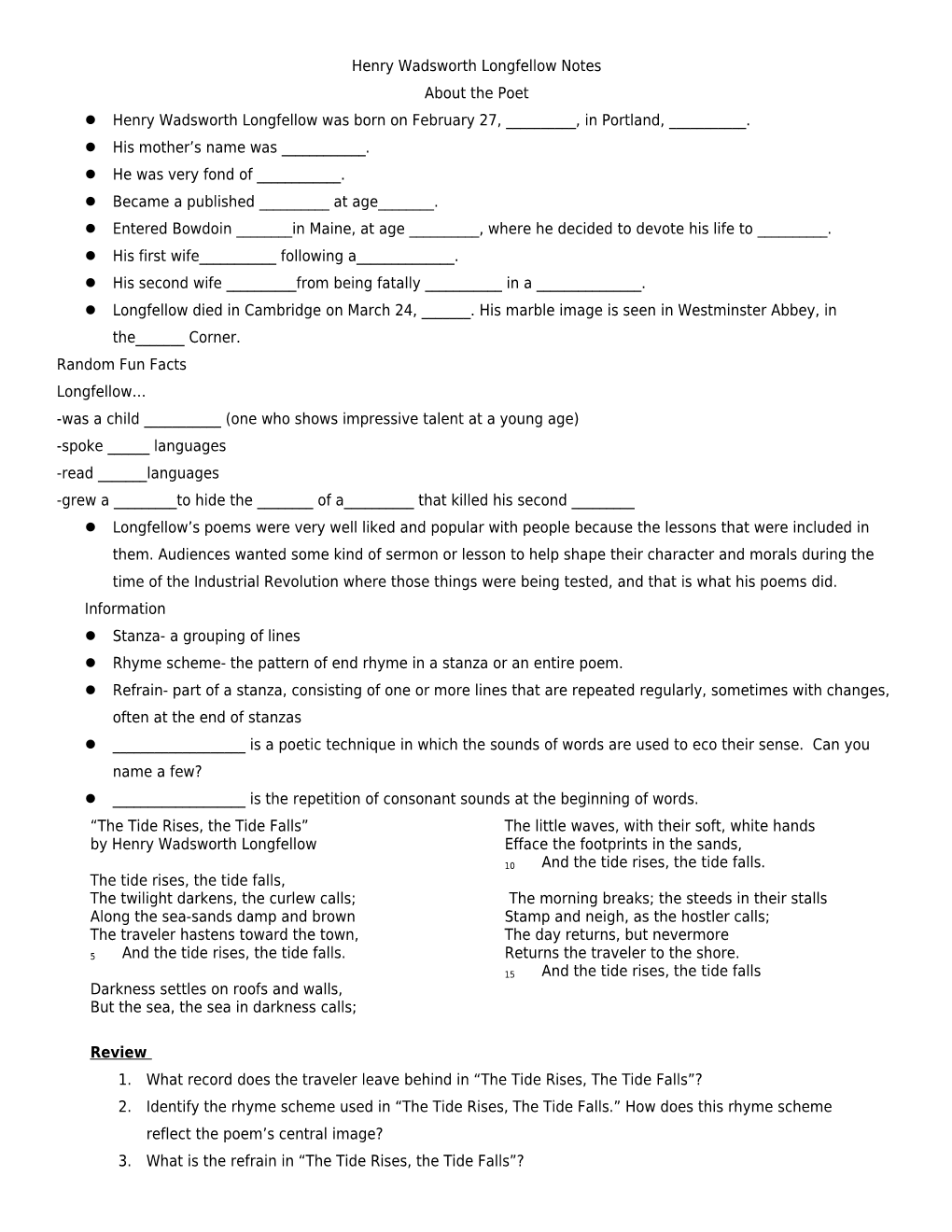 Henry Wadsworth Longfellow Notes