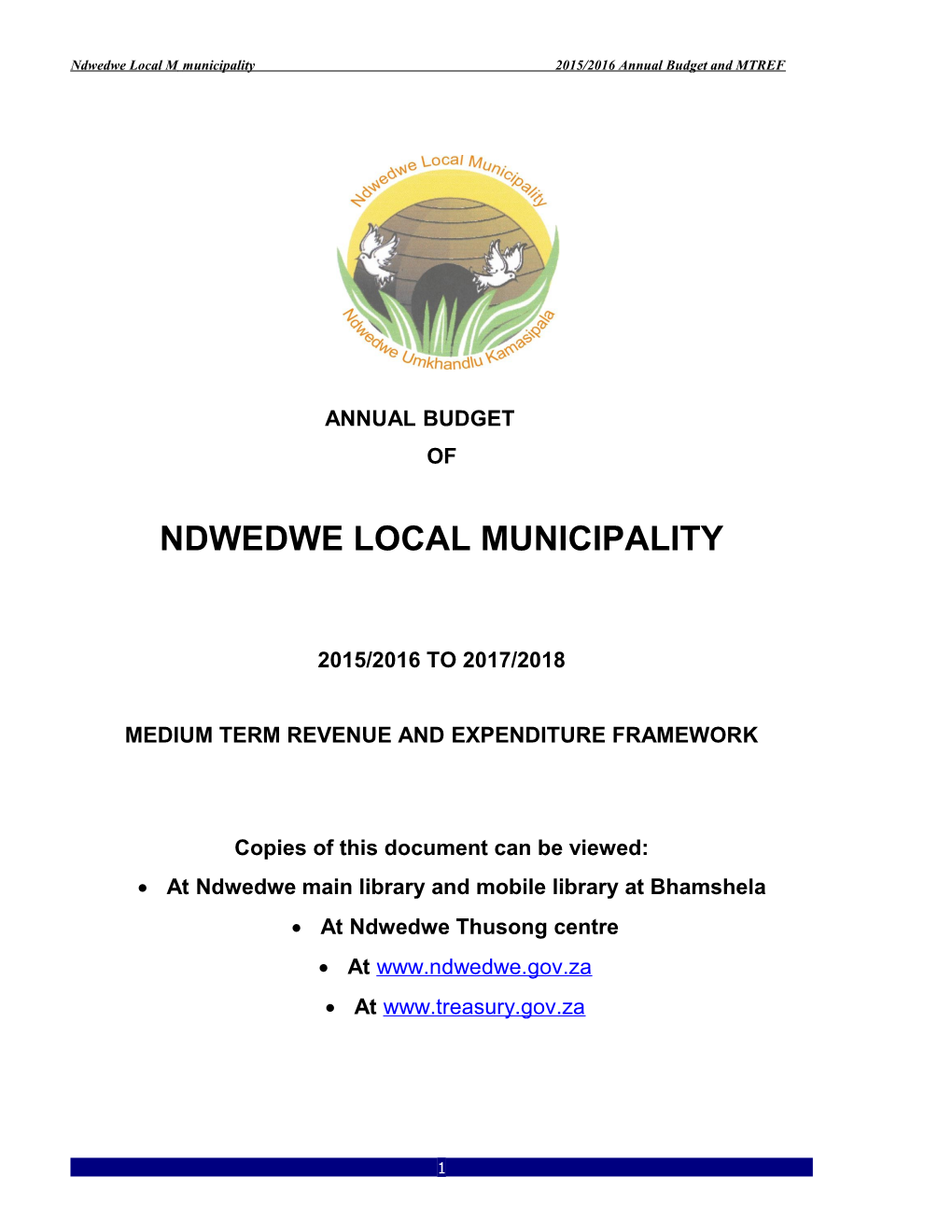 Ndwedwe Local Mmunicipality 2015/2016 Annual Budget and MTREF