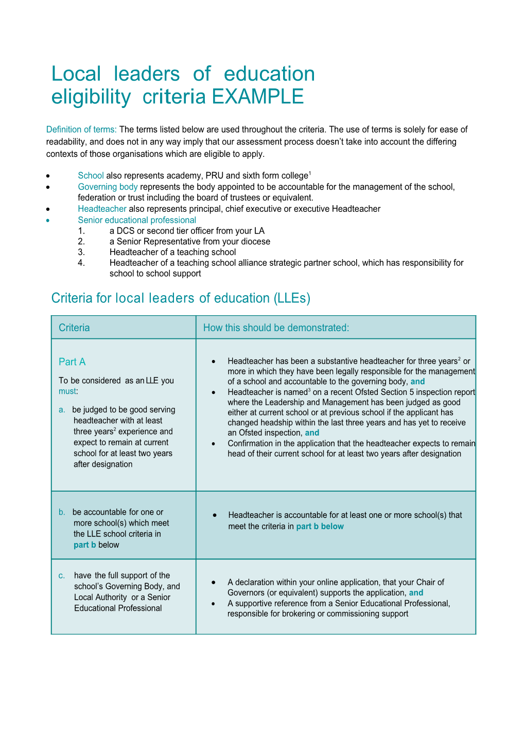 National Leaders of Education and National Support Schools Eligibility Criteria