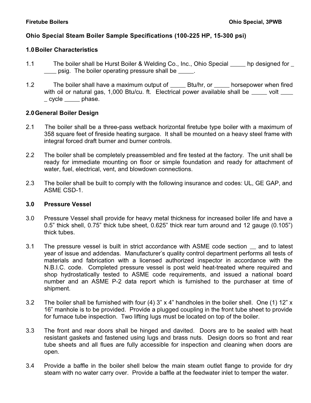 Series 500 High Pressure Steam Boiler Sample Specifications