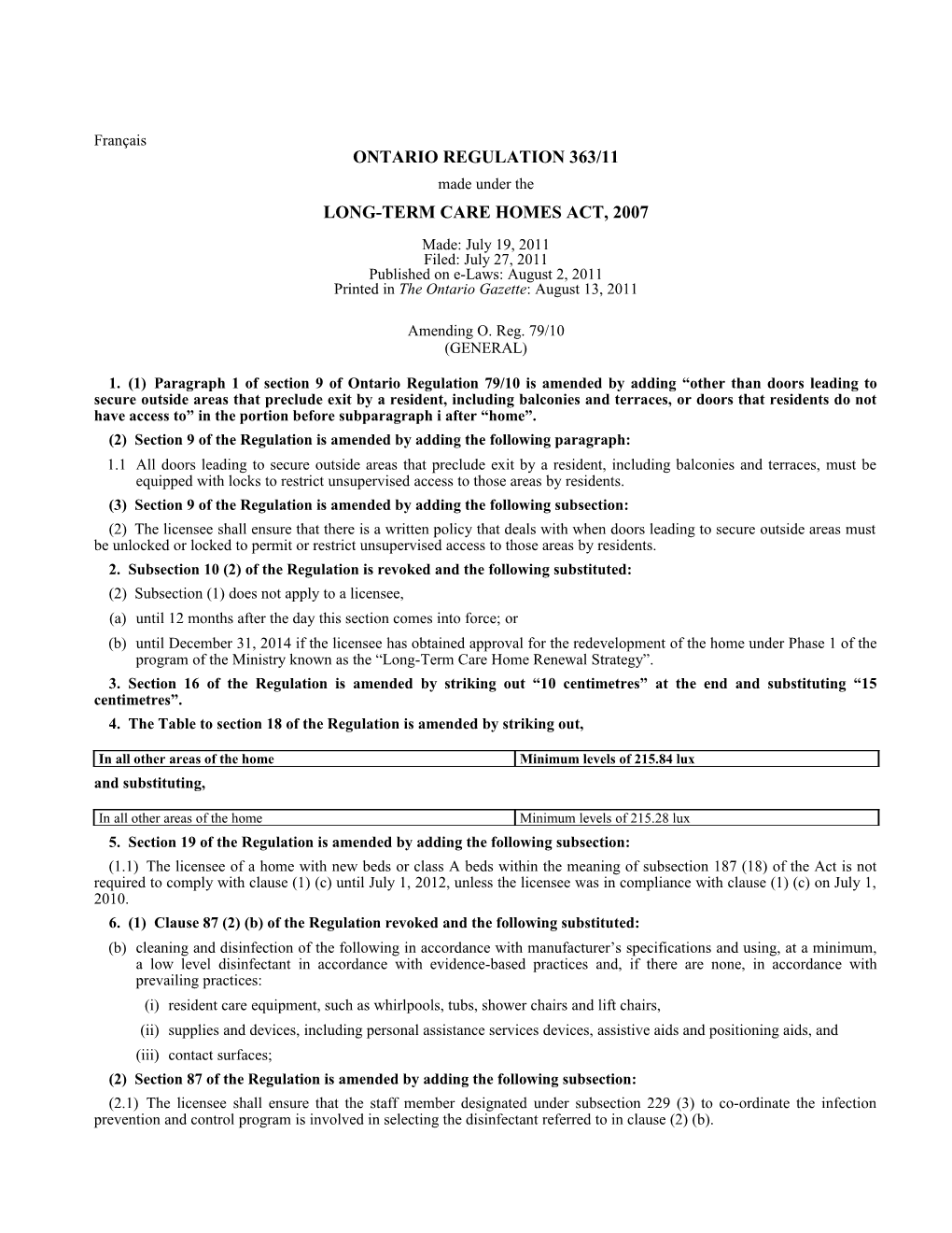 LONG-TERM CARE HOMES ACT, 2007 - O. Reg. 363/11