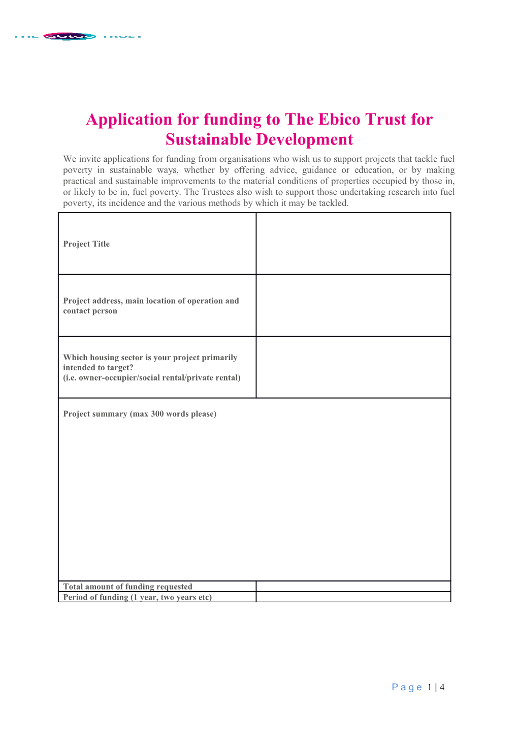 Application for Funding to the Ebico Trust for Sustainable Development