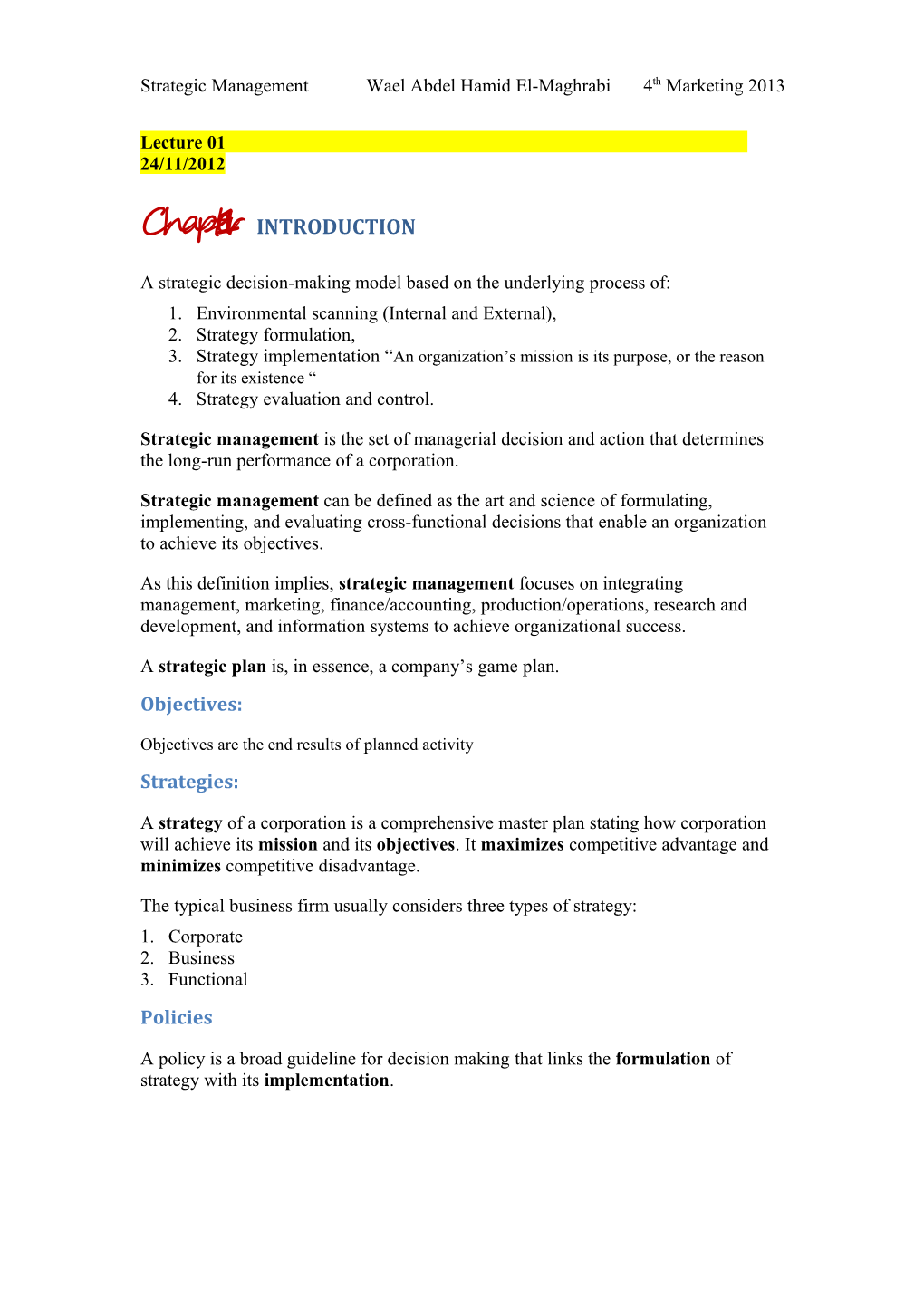 Strategic Management Wael Abdel Hamid El-Maghrabi 4Th Marketing 2013