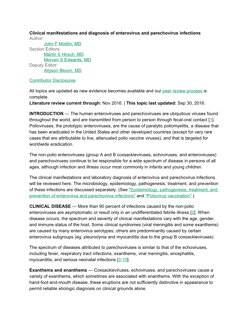 Clinical Manifestations and Diagnosis of Enterovirus and Parechovirus Infections