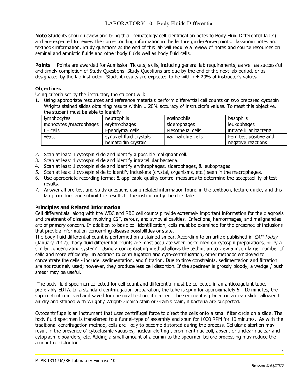 LABORATORY 10: Body Fluids Differential