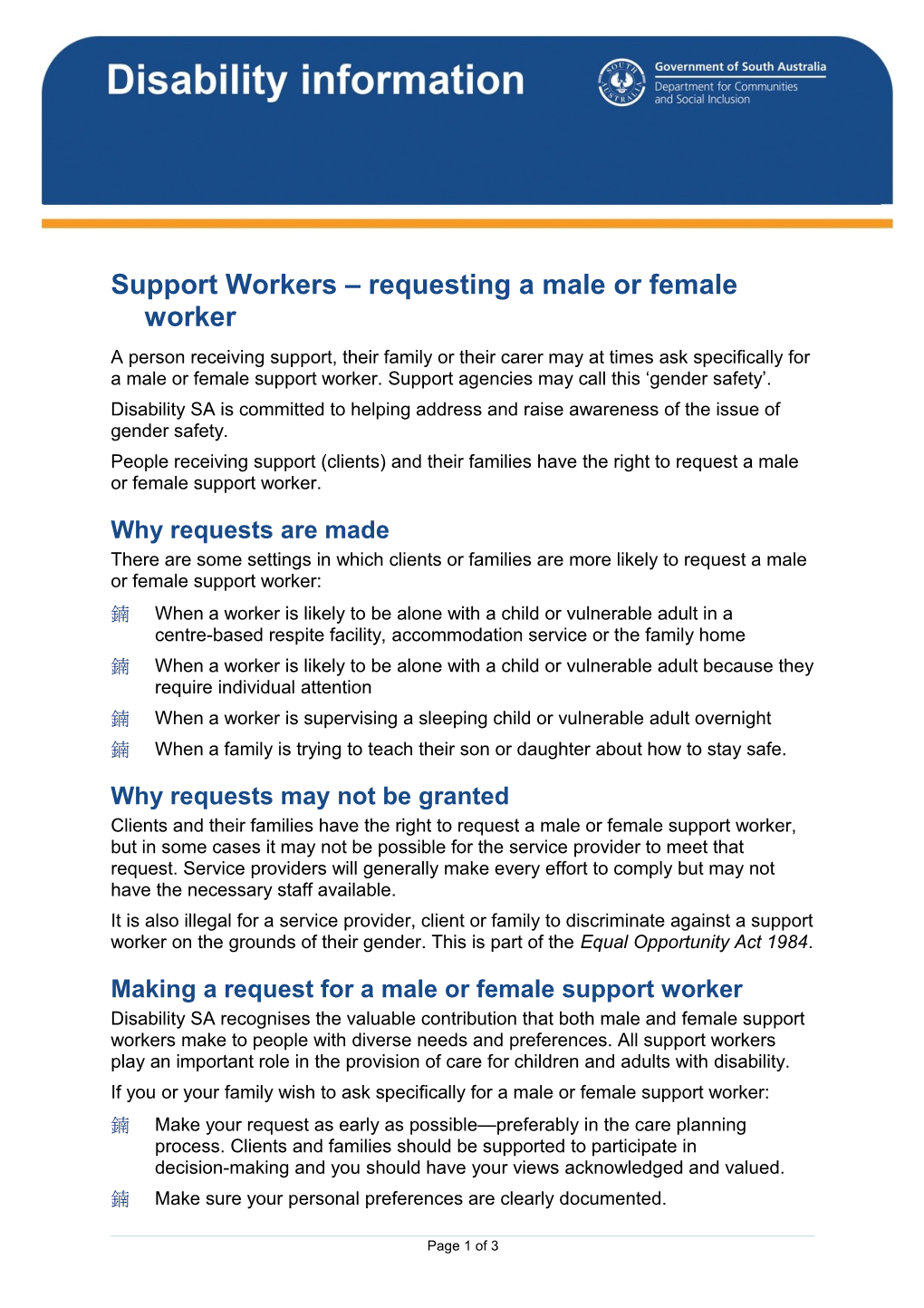 Support Workers - Requesting a Male Or Female Worker