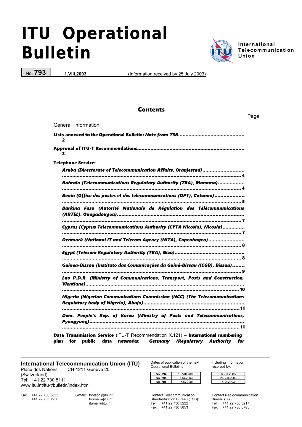 ITU Operational Bulletin No. 793 - 1.VIII.2003