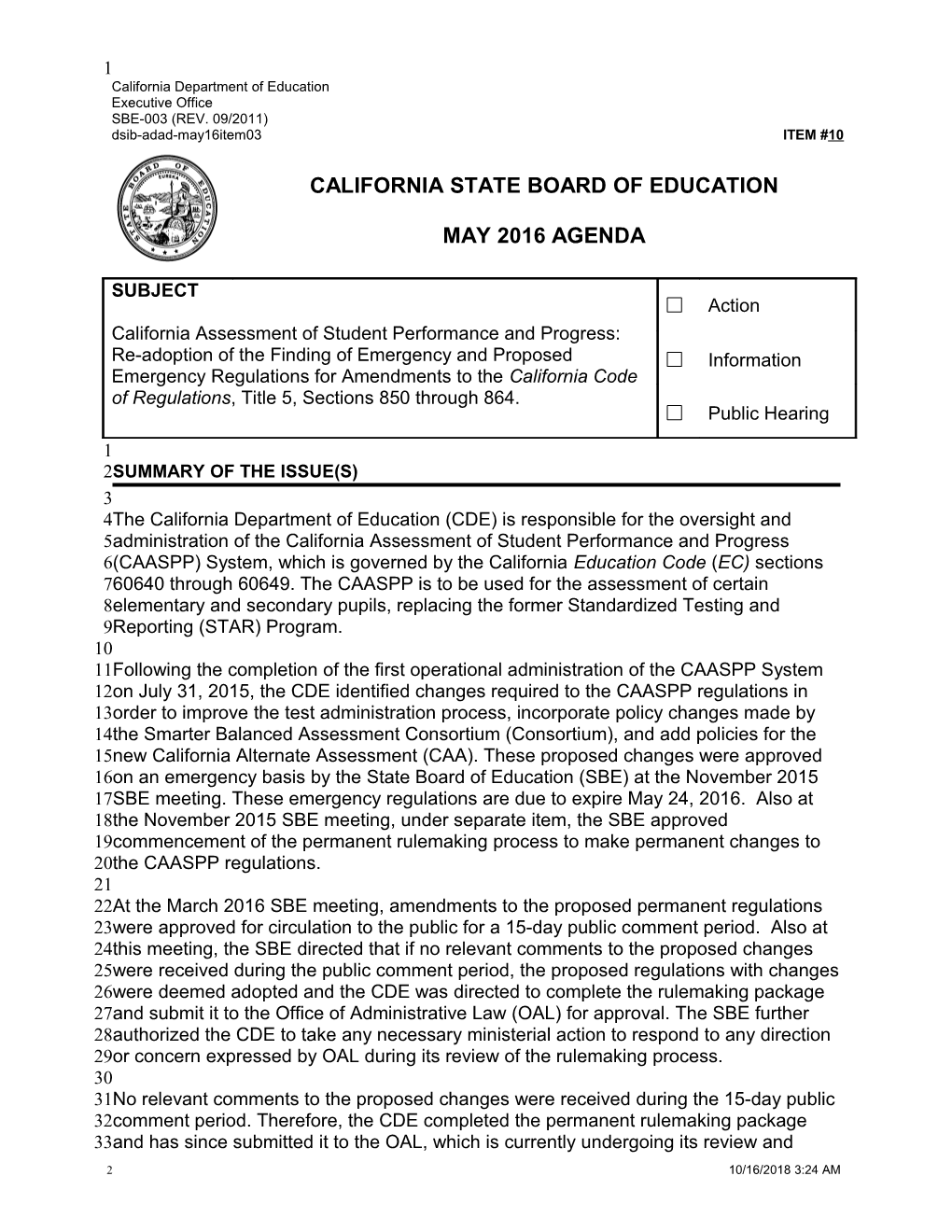 May 2016 Agenda Item 10 - Meeting Agendas (CA State Board of Education)