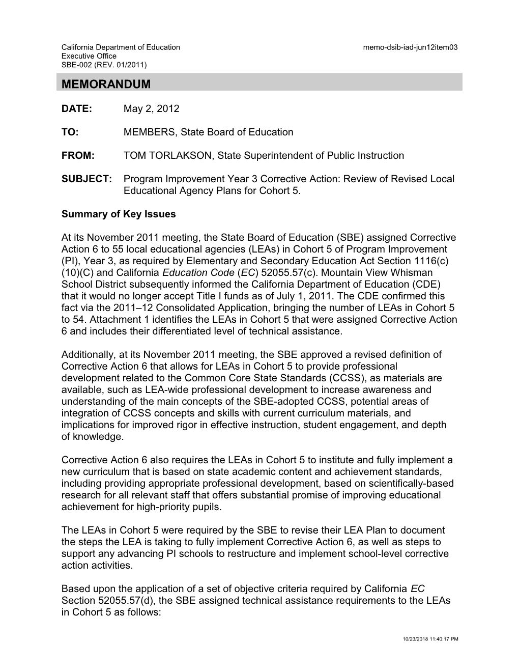 June 2012 Memorandum IAD Item 3 - Information Memorandum (CA State Board of Education)