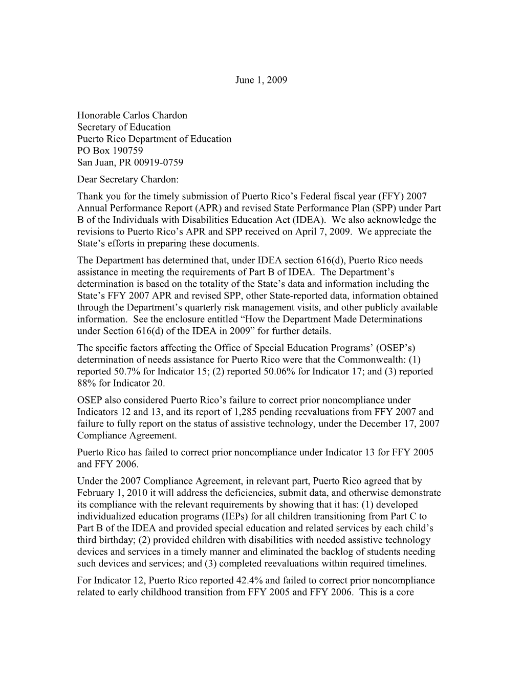 IDEA 2009 Part B Puerto Rico Annual Performance Report Determination Response (MSWORD)