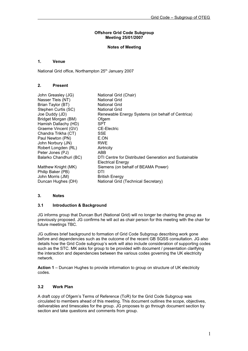 Grid Code Subgroup - Minutes of Meeting 1