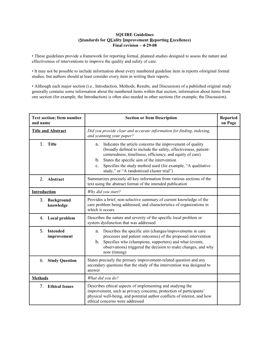 Standards for Qualityimprovement Reporting Excellence