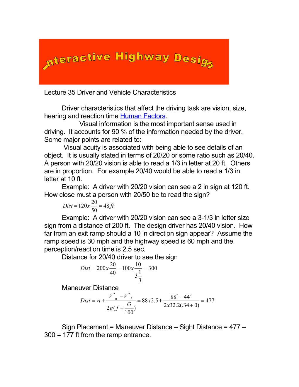 Lecture 35 Driver and Vehicle Characteristics