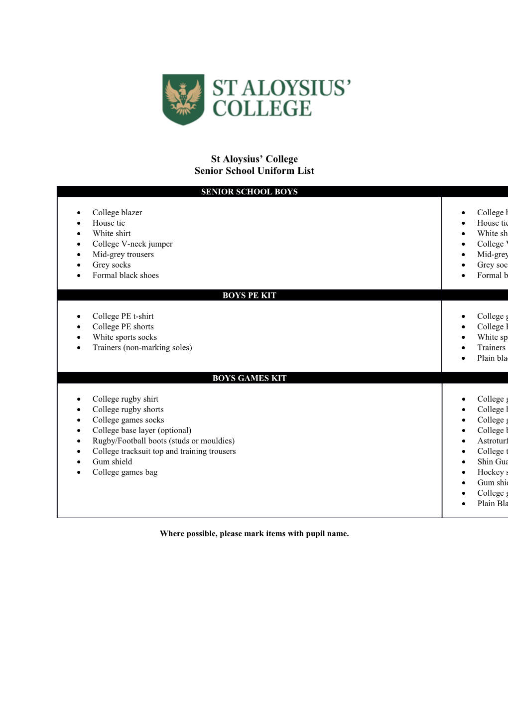 Senior School Uniform List