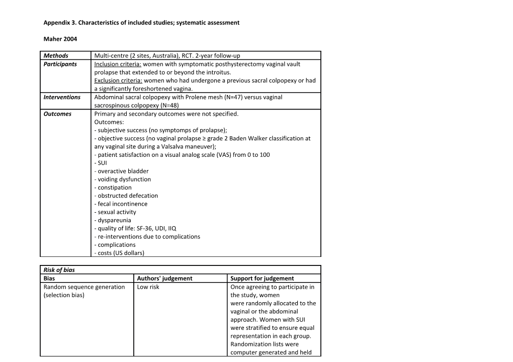 Appendix 3. Characteristics of Included Studies; Systematic Assessment