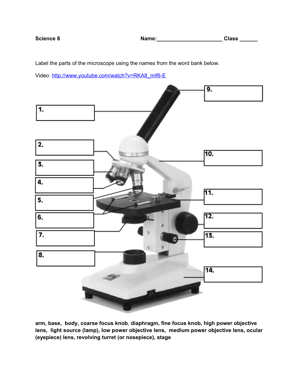 Write the Name of Each Part of the Microscope to Match the Descriptions Below