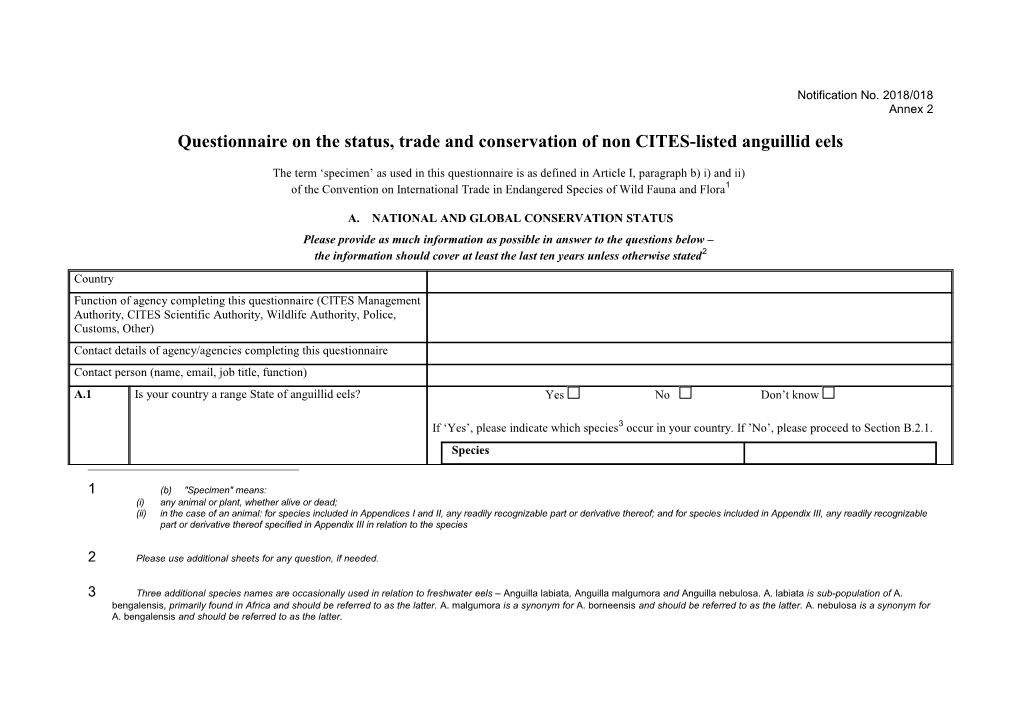 Questionnaire on the Status, Trade and Conservation of Non CITES-Listed Anguillid Eels