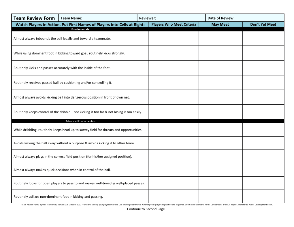 Team Review Form, by Will Thalheimer, Version 2.0, October 2012 Use This to Help Your Players