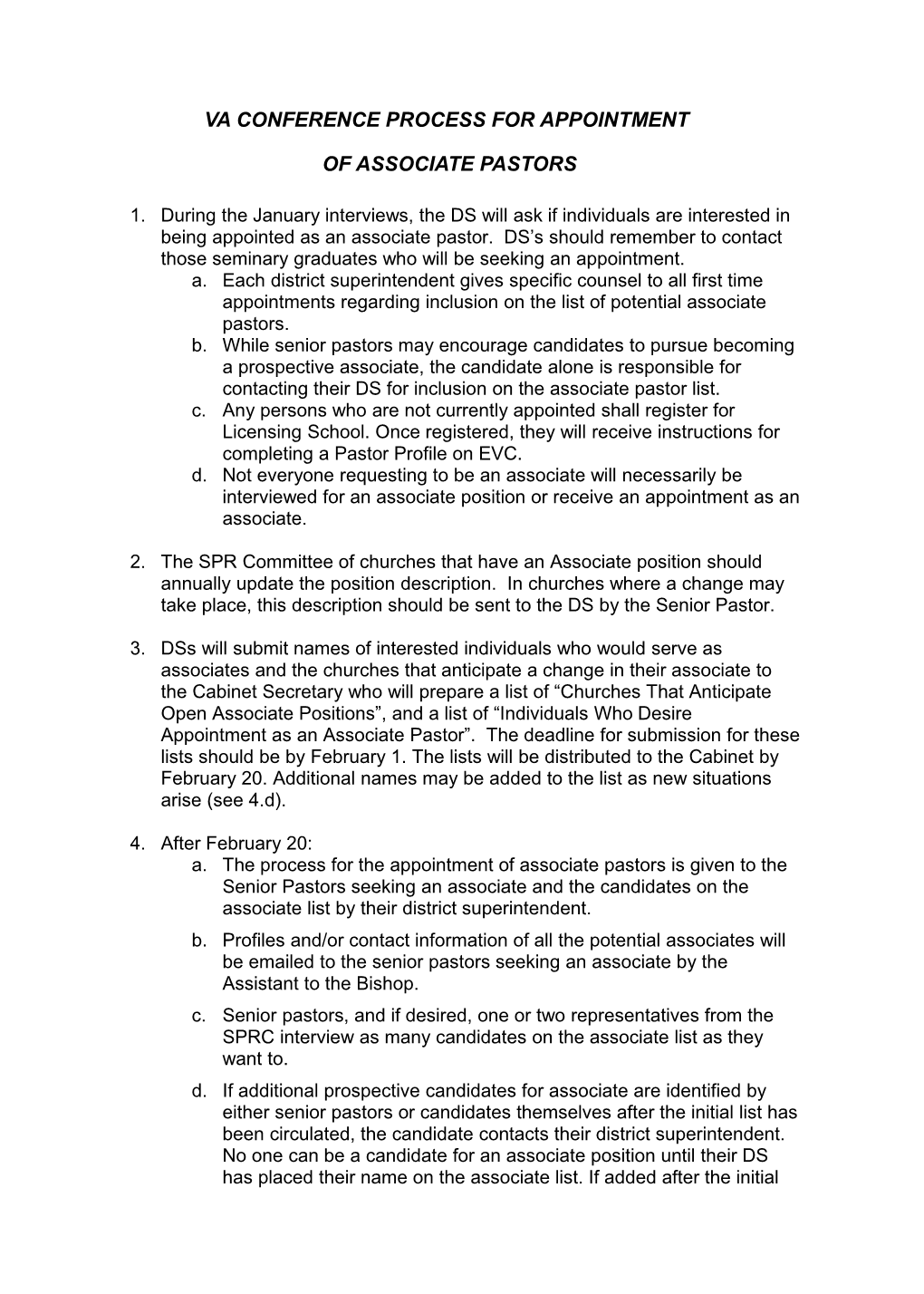 Process for Appointment of Associate Pastors