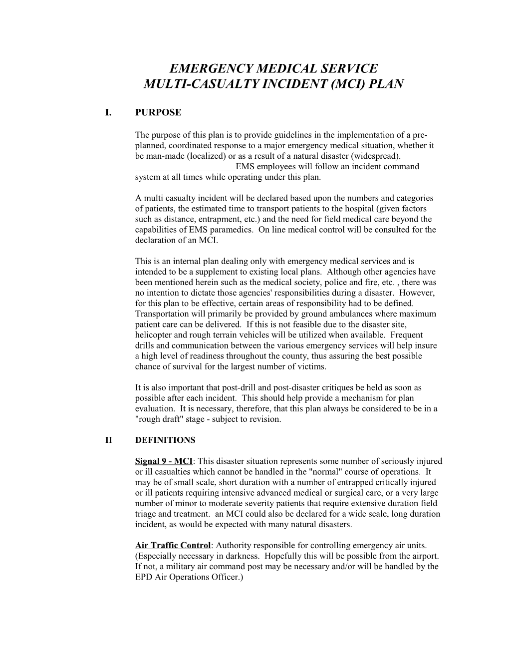 Emergency Medical Service (Ambulance) Multi-Casualty Incident (Mci) Plan