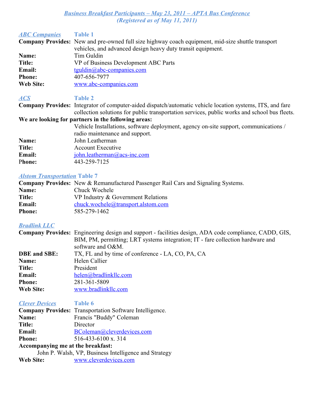 Business Breakfast Participants - 2011 APTA Bus & Paratransit Conference