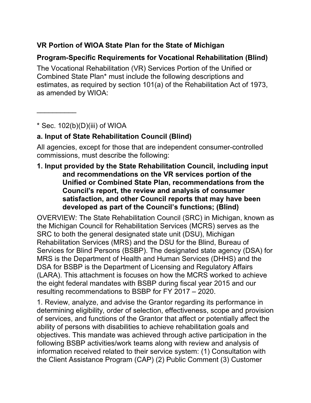 VR Portion of WIOA State Plan for the State of Michigan